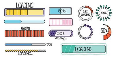 Loading progress bar icons in doodle style. Hand drawing loader button and updated progress circle. Upload status collection, percent done indicator or download round process. User interface design. vector