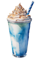 Watercolor and painting cold milk shake with whipped cream caramel and colorful candy topping in plastic glass. Fresh drink Illustration png
