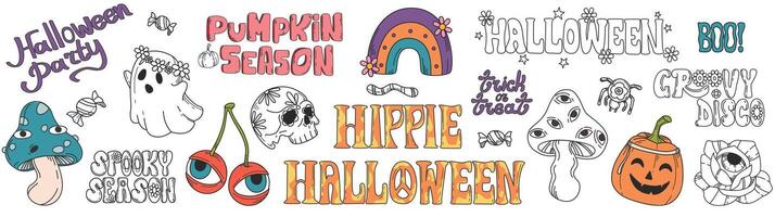 set of hand drawing groovy halloween stickers. Pumpkin, mushrooms, spider, rainbow, cherry with eyes and skull isolated on white background. Psychedelic collection of hippie design elements. vector