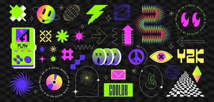 Vintage stickers, frames and geometric brutalism shape graphic design in y2k style. Set of abstract elements and symbols isolated on black background. Retro neon figure, labels and objects. vector