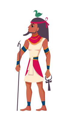 Ancient egyptian god Geb with sacred animal goose on head flat illustration. Deity of the Earth with bird symbol isolated on white background. Mythological character from history and religion.