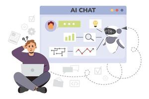 Artificial intelligence concept. Flat man using Ai technology for help with tasks and answer questions. Online communication with chat bot. Character chatting with chatbot, digital assistant in laptop vector