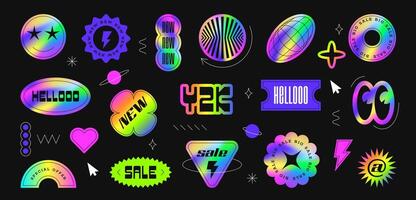 Vintage holographic gradient sale and discount y2k stickers, graphic elements. Set of abstract symbols, holography labels mockup isolated on black background. Shine badges different shapes. vector