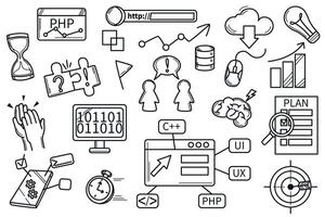 Hackathon doodle set. Hand drawn icons collection of programming, brainstorm and generation ideas, development, timing and teamwork, goal and strategy plan. Develop software line art. vector