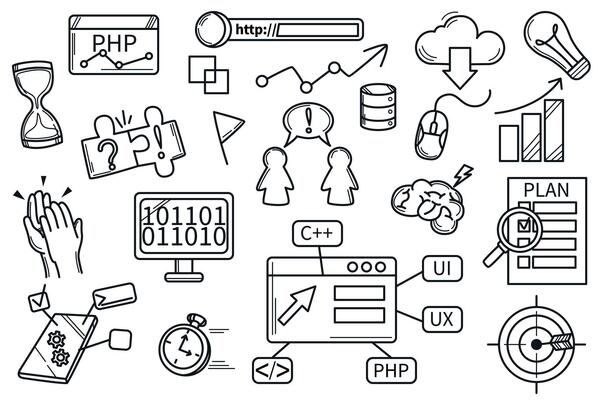 Hackathon doodle set. Hand drawn icons collection of programming, brainstorm and generation ideas, development, timing and teamwork, goal and strategy plan. Develop software line art.