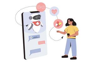 cuidado de la salud ai consultante servicio. plano paciente recibir consulta y tratamiento en en línea charla con chatbot. larva del moscardón dar médico Consejo o diagnóstico. clínica ai asistente. futuro tecnología en medicamento. vector