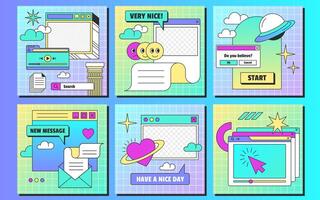 Retro linear vaporwave ig posts template in y2k style. Set of vintage browser computer windows with aesthetic user interface elements and stickers for social media. Flat illustration. vector