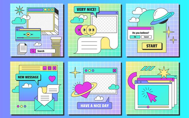 Retro linear vaporwave ig posts template in y2k style. Set of vintage browser computer windows with aesthetic user interface elements and stickers for social media. Flat illustration.