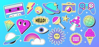 retro style sticker pack with 90s elements. Collection of cute characters and mushroom, rainbow, planet, ufo, camera, game joystick and cassette. Objects set on blue background. vector