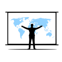 businessman standing in front of a projection screen with a world map on it png