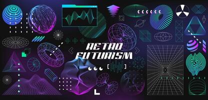 Retrofuturistic set of cyber shapes. Abstract 3d wireframe geometry objects from line grid. Geometric figures in vaporwave style. Design elements in perspective view. outline illustration. vector