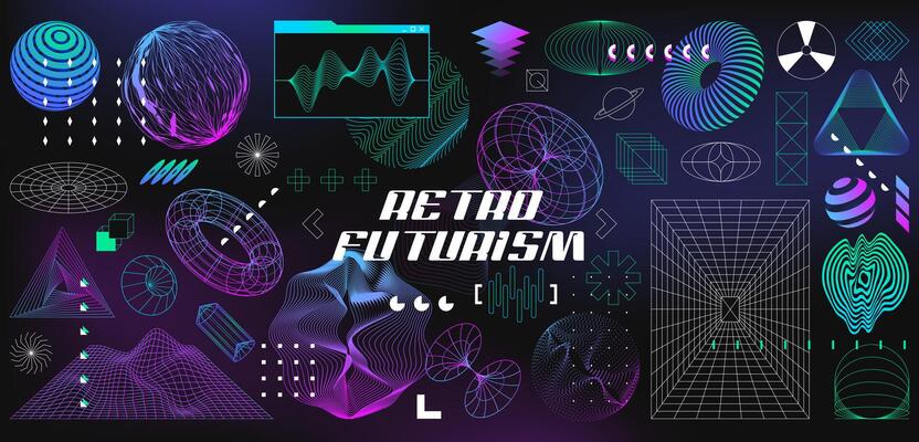 Retrofuturistic set of cyber shapes. Abstract 3d wireframe geometry objects from line grid. Geometric figures in vaporwave style. Design elements in perspective view. outline illustration.