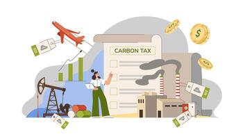 Carbon tax concept. Businesses and factory pay for greenhouse gas emissions and burning of carbon fuels. Taxation for nature pollution, reduce co2. Payment in goverment budget for smoke and durty air. vector