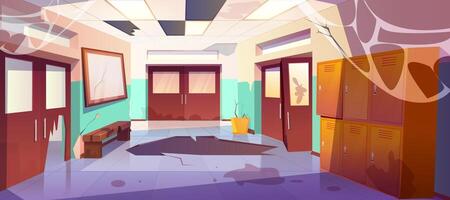 cartoon dirty school hallway interior with broken lockers, classroom doors, garbage and crack in floor. Empty abandoned university or college corridor with mess, broken ceiling and spiderweb. vector