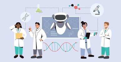 Flat team of scientists using AI in medicine. Artificial intelligence in medical science research. Futuristic tech in healthcare. Doctors using innovative technologies in lab for diagnosis, treatment. vector