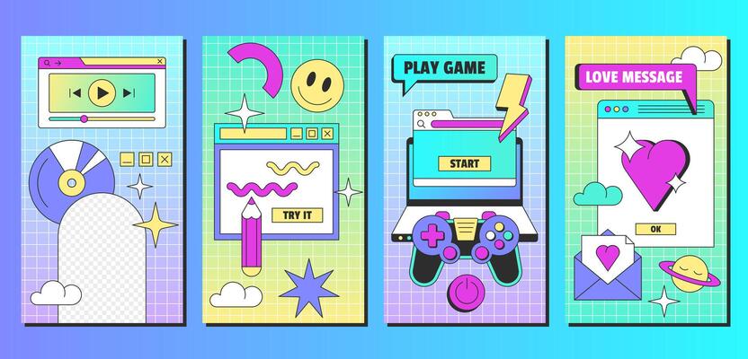 Retro linear vaporwave post template in y2k style. Set of vintage social media ig posts or stories with aesthetic user interface elements. Posters with old computer windows flat illustration.