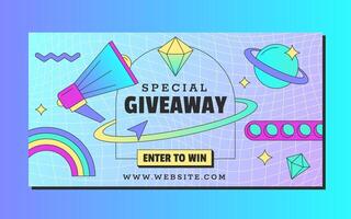 Retro vaporwave giveaway horizontal banner. Social media story design template with loudspeaker, planet and rainbow stickers in 90s vintage style. Computer window with prize drawings announcement. vector