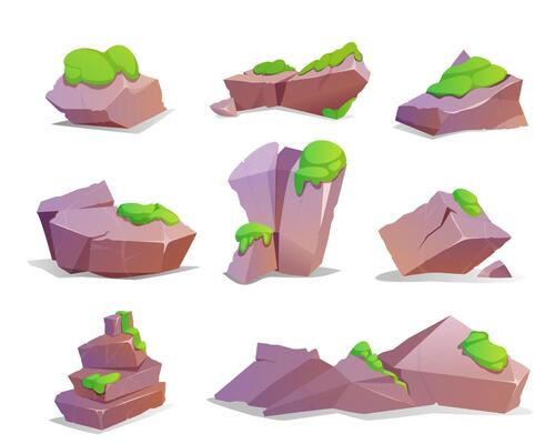 Cartoon set of moss covered stones. Granite blocks, hard rock lumps in green forest lichens. Solid mountain debris or crag for computer games. Broken rocky cobbles isolated on white background.