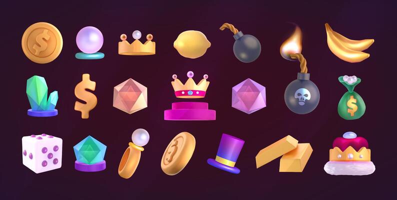 Casino icon collection. Cartoon set of slot game icons. Diamond, gemstones, dollars, fruits, dice and lucky symbols isolated on dark background. Gambling machine badge kit. Online vegas lottery asset.