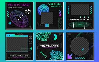 Retrofuturistic posts with abstract 3d wireframes geometry objects from line grid. Geometric shapes silhouette in vaporwave style. Design figures in perspective view. outline illustration set vector