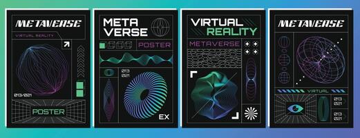 Retrofuturistic posters set with abstract 3d wireframes geometry objects from line grid. Geometric shapes silhouette in vaporwave style. Design figures in perspective view. outline illustration vector