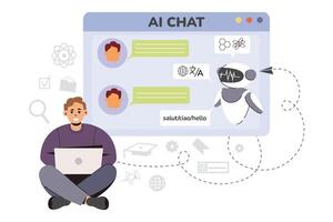 Artificial intelligence concept. Flat man using Ai technology for help with tasks and answer questions. Online communication with chat bot. Character chatting with chatbot. Digital assistant in laptop vector