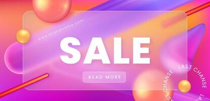 Sale banner template in glass morphism style. Transparent rectangular frosted glass plate with abstract geometric shapes on background. Glassmorphism advertising page. vector