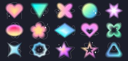 Y2k style blurred gradient shapes set. Blurry aura aesthetic elements collection of different geometric forms with lines isolated on black background. design objects with defocus effect. vector