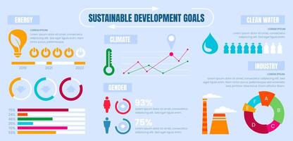 Sustainable development goals. Sdg infographic template with colorful infographics charts, data graphic and percentage. Flat marketing icons or business presentation elements on blue background vector