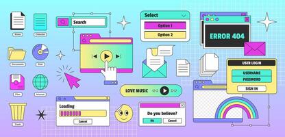 Vaporwave pc desktop with user interface elements in trendy y2k retro style. Icons set of computer windows, dialog box. 90s old browser with tabs, message boxes, loading bar, button and symbols. vector