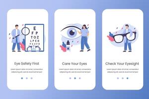 Flat ophthalmologist doctor with magnifier in hands check eyesight. Eye testing or vision correction website template. Care eyes concept with drops and eyeglasses. Landing page design for app. vector