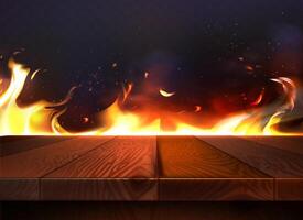 Wooden empty table top with fire flames on dark background. Wood texture board in front with flying flakes from hot flame, glowing sparks and bright burning blaze realistic illustration vector