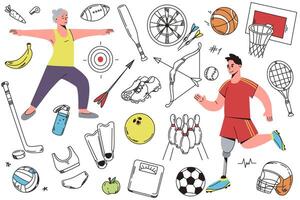 Hand drawn illustration set of sport doodle icons. Sports equipment and accessories with balls, racquet, helmet, flippers, scales, shoes and healthy food. People play football and doing fitness vector