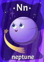 Printable space alphabet flashcard with letter N. Cartoon cute neptune planet in solar system with english word name on flash card for children education. Kid cards for teaching reading in preschool vector