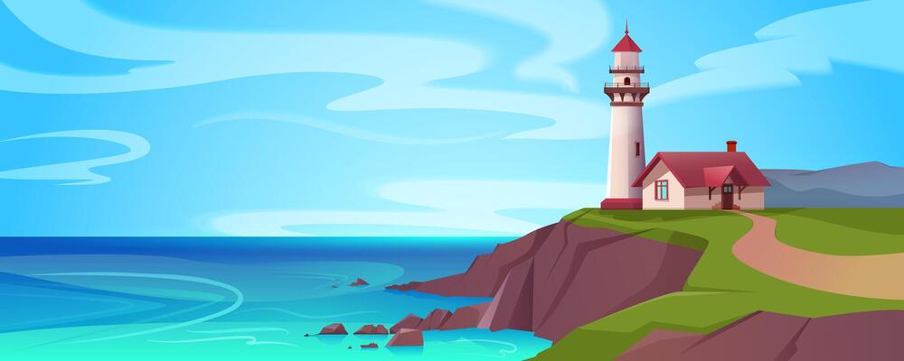 Cartoon ocean shore with lighthouse. Light house on sea coast. Coastline landscape with beacon and signal building on cliff. Summer seashore with rocky beach and marine navigation tower on seaside