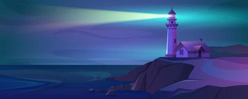 Cartoon working lighthouse with a beam of light at night. Marine navigation tower on sea coast, ocean shore. Coastline landscape with beacon and signal building with glowing ray. Seashore in the dark. vector