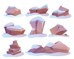 Cartoon set of pile stones or boulders with snow heap. Granite blocks, hard rock lumps in winter. Solid mountain debris or natural geological materials for games ui. Broken rocky cobbles collection. vector