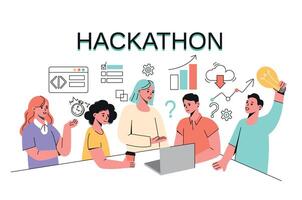 hackatón, garabatear mano dibujo equipo de programadores, web desarrolladores, gerentes y gráfico diseñadores desarrollar software. programación y codificación concepto. grupo de trabajo personas crear proyecto y trabajo con datos vector