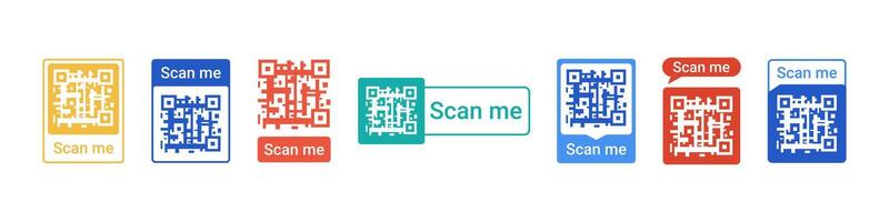 qr código marco para teléfono inteligente sin contacto pago plano ilustración. escanear yo modelo conjunto para móvil solicitud para Internet negocio. exploración código de barras para en línea compras sin efectivo tecnología. vector