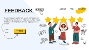 Landing page template with group of people with golden stars, positive review. Customer feedback, opinion or quality ranking concept. Client satisfaction rating. Flat illustration for website vector