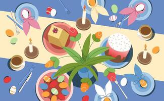 Easter table top view with traditional holiday cake and sweet curd dessert on blue tablecloth. Rabbit ears with colorful painted eggs in plates in flat lay style. Springtime celebration concept. vector