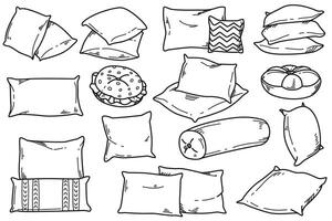 Doodle drawing set of soft pillow for sleep, rest and bedroom decoration. Hand drawn cozy feather cushions different shapes for bed and sofa on white background. Decorative comfy orthopedic pillows vector