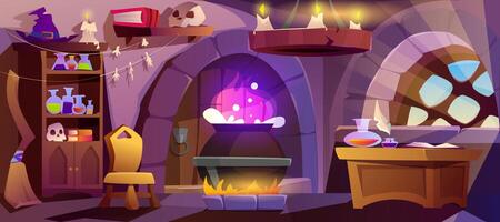 Cartoon witch house with big cauldron, broom for flying and hat. Interior of wizard or sorceress room in medieval castle with magic bottles, candles and shelves with potions, books and skull. vector
