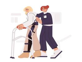 Flat physiotherapy doctor help patient to walk with rehab walkers. Physiotherapist support woman after surgery. Medical rehabilitation concept. Exercises for recovery and mobility leg after injury. vector
