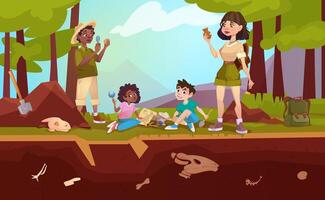 Cartoon archaeologists exploring artifacts with magnifying glass, brush or studying dinosaurs fossil skeletons bones. Children digging sand, playing in paleontologists with excavation shovel and loupa vector