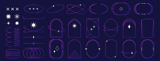 Set of aesthetic linear frames, trendy minimalist lines, arcs with sparkles and minimal decoration elements isolated on blue background. Purple gradient line arch or simple borders in boho style. vector