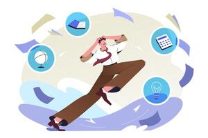 Flat stressed man overloaded by work and a lot of information. Overwhelmed employee person running away from overload. Multitasking and excess of paperwork for exhausted worker in office. vector