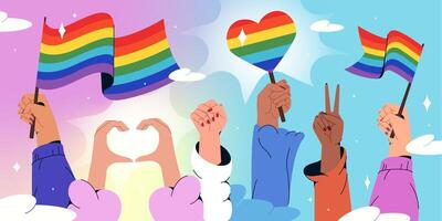 Flat human hands holding rainbow flags symbol of LGBT and showing heart and peace gestures on parade. Pride month celebration against discrimination, violence. LGBTQ rights protection protest concept. vector