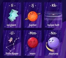 English alphabet flashcards with letters from I to N for children education. Printable kids flash cards with cartoon kuiper belt ring, planets and constellations for learning letters, words in school vector