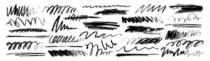 hand drawn crayon doodle strokes, scribbles and charcoal wavy underline element set . Black grunge pencil squiggly lines, chalk pen strikethrough and marker strips isolated on white background. vector